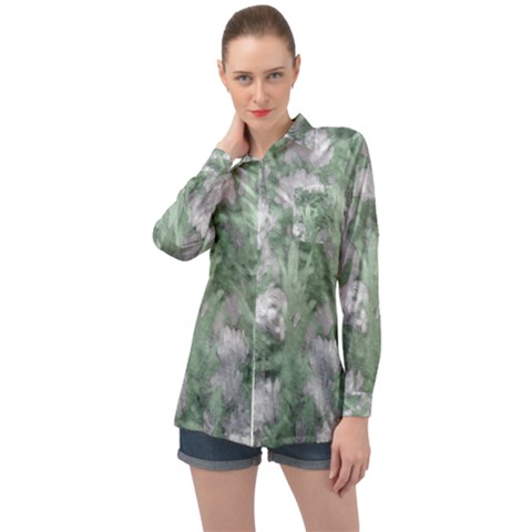 Green And White Textured Botanical Motif Manipulated Photo Long Sleeve Satin Shirt by dflcprintsclothing