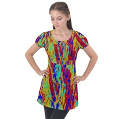Multicolored Vibran Abstract Textre Print Puff Sleeve Tunic Top by dflcprintsclothing