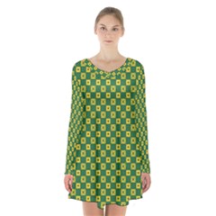 Df Green Domino Long Sleeve Velvet V-neck Dress by deformigo