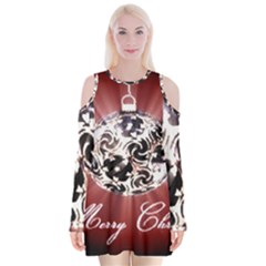 Merry Christmas Ornamental Velvet Long Sleeve Shoulder Cutout Dress