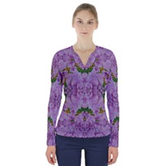 Fauna Flowers In Gold And Fern Ornate V-neck Long Sleeve Top by pepitasart