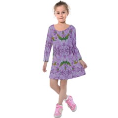 Fauna Flowers In Gold And Fern Ornate Kids  Long Sleeve Velvet Dress