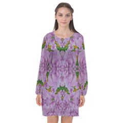 Fauna Flowers In Gold And Fern Ornate Long Sleeve Chiffon Shift Dress 