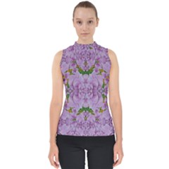 Fauna Flowers In Gold And Fern Ornate Mock Neck Shell Top