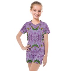 Fauna Flowers In Gold And Fern Ornate Kids  Mesh Tee and Shorts Set