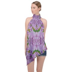 Fauna Flowers In Gold And Fern Ornate Halter Asymmetric Satin Top