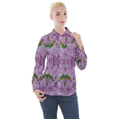 Fauna Flowers In Gold And Fern Ornate Women s Long Sleeve Pocket Shirt