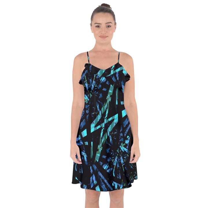 Modern Abstract Geo Print Ruffle Detail Chiffon Dress