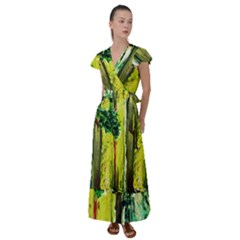 Old Tree And House With An Arch 8 Flutter Sleeve Maxi Dress
