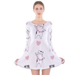 Seamless Pattern Cute Cat With Little Heart Hearts Long Sleeve Velvet Skater Dress by Wegoenart