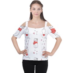 Seamless Pattern Cute Cat With Little Heart Cutout Shoulder Tee