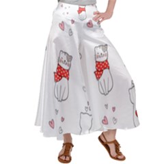 Seamless Pattern Cute Cat With Little Heart Satin Palazzo Pants by Wegoenart