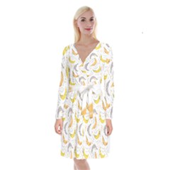 Seamless Stylish Pattern With Fresh Yellow Bananas Background Long Sleeve Velvet Front Wrap Dress by Wegoenart