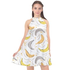 Seamless Stylish Pattern With Fresh Yellow Bananas Background Halter Neckline Chiffon Dress  by Wegoenart