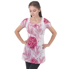 Flower Seamless Pattern With Roses Puff Sleeve Tunic Top