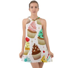 Seamless Pattern Yummy Colored Cupcakes Halter Tie Back Chiffon Dress by Wegoenart