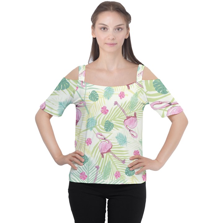 Beautiful Seamless Vector Tropical Pattern Background With Flamingo Hibiscus Cutout Shoulder Tee