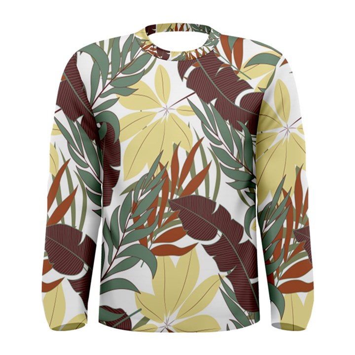 Botanical Seamless Tropical Pattern With Bright Red Green Plants Leaves Men s Long Sleeve Tee