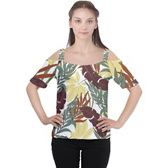 Botanical Seamless Tropical Pattern With Bright Red Green Plants Leaves Cutout Shoulder Tee