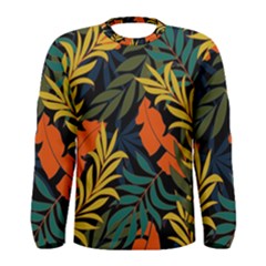Fashionable Seamless Tropical Pattern With Bright Green Blue Plants Leaves Men s Long Sleeve Tee