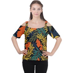 Fashionable Seamless Tropical Pattern With Bright Green Blue Plants Leaves Cutout Shoulder Tee