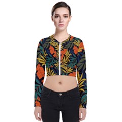 Fashionable Seamless Tropical Pattern With Bright Green Blue Plants Leaves Long Sleeve Zip Up Bomber Jacket by Wegoenart