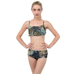 Fashionable Seamless Tropical Pattern With Bright Red Blue Plants Leaves Layered Top Bikini Set
