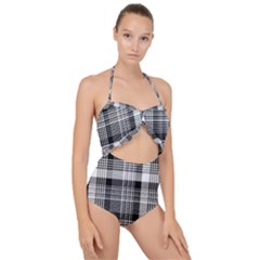 Black White Plaid Checked Seamless Pattern Scallop Top Cut Out Swimsuit by Wegoenart