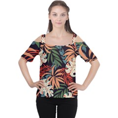 Fashionable Seamless Tropical Pattern With Bright Pink Yellow Plants Leaves Cutout Shoulder Tee