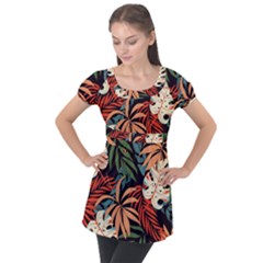 Fashionable Seamless Tropical Pattern With Bright Pink Yellow Plants Leaves Puff Sleeve Tunic Top