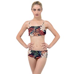 Fashionable Seamless Tropical Pattern With Bright Pink Yellow Plants Leaves Layered Top Bikini Set