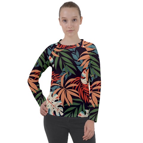 Fashionable Seamless Tropical Pattern With Bright Pink Yellow Plants Leaves Women s Long Sleeve Raglan Tee by Wegoenart