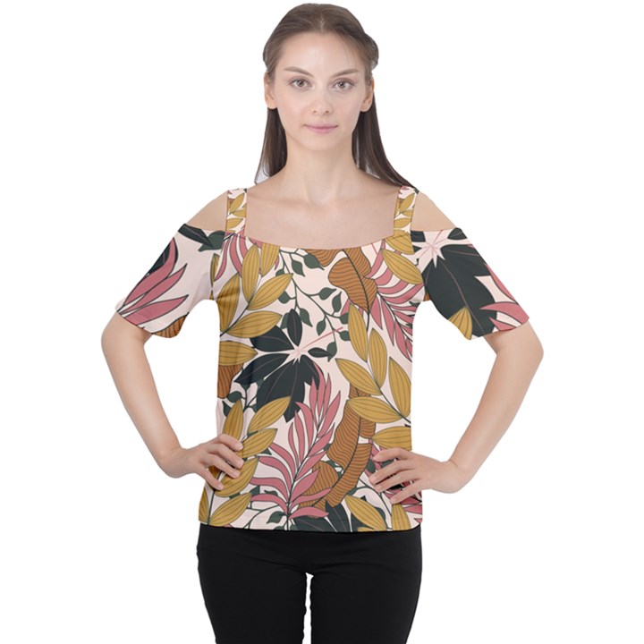 Fashionable Seamless Tropical Pattern With Bright Pink Green Flowers Cutout Shoulder Tee