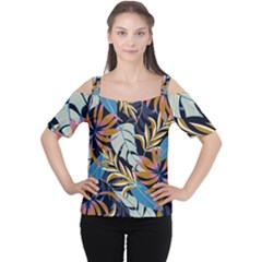 Original Seamless Tropical Pattern With Bright Blue Pink Flowers Cutout Shoulder Tee