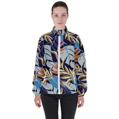 Original Seamless Tropical Pattern With Bright Blue Pink Flowers Women s High Neck Windbreaker by Wegoenart