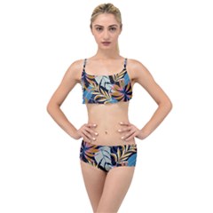 Original Seamless Tropical Pattern With Bright Blue Pink Flowers Layered Top Bikini Set