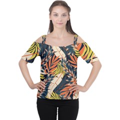 Original Seamless Tropical Pattern With Bright Orange Flowers Cutout Shoulder Tee
