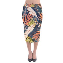 Original Seamless Tropical Pattern With Bright Orange Flowers Velvet Midi Pencil Skirt by Wegoenart