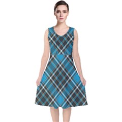 Tartan Scotland Seamless Plaid Pattern Vintage Check Color Square Geometric Texture V-neck Midi Sleeveless Dress  by Wegoenart