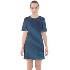 Abstract Glowing Blue Wave Lines Pattern With Particles Elements Dark Background Sixties Short Sleeve Mini Dress by Wegoenart