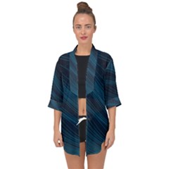 Abstract Glowing Blue Wave Lines Pattern With Particles Elements Dark Background Open Front Chiffon Kimono by Wegoenart