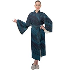 Abstract Glowing Blue Wave Lines Pattern With Particles Elements Dark Background Maxi Velour Kimono by Wegoenart