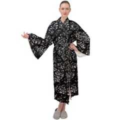Black And White Dark Abstract Texture Print Maxi Velour Kimono