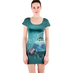 Awesome Light Bulb With Tropical Island Short Sleeve Bodycon Dress by FantasyWorld7