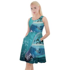 Awesome Light Bulb With Tropical Island Knee Length Skater Dress With Pockets by FantasyWorld7
