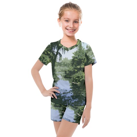 Away From The City Cutout Painted Kids  Mesh Tee And Shorts Set by SeeChicago