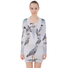 Beach Heron Bird V-neck Bodycon Long Sleeve Dress by TheLazyPineapple