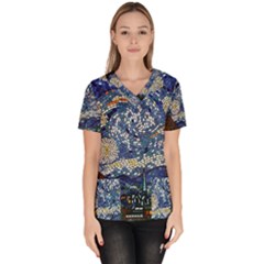 Mosaic Art Vincent Van Gogh s Starry Night Women s V-Neck Scrub Top