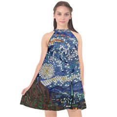 Mosaic Art Vincent Van Gogh s Starry Night Halter Neckline Chiffon Dress 