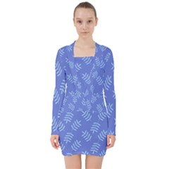 Leaves Ferns Blue Pattern V-neck Bodycon Long Sleeve Dress by Vaneshart